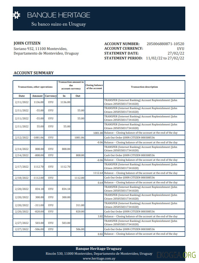 Relevé bancaire Uruguay Banque Heritage, modèle Excel et PDF